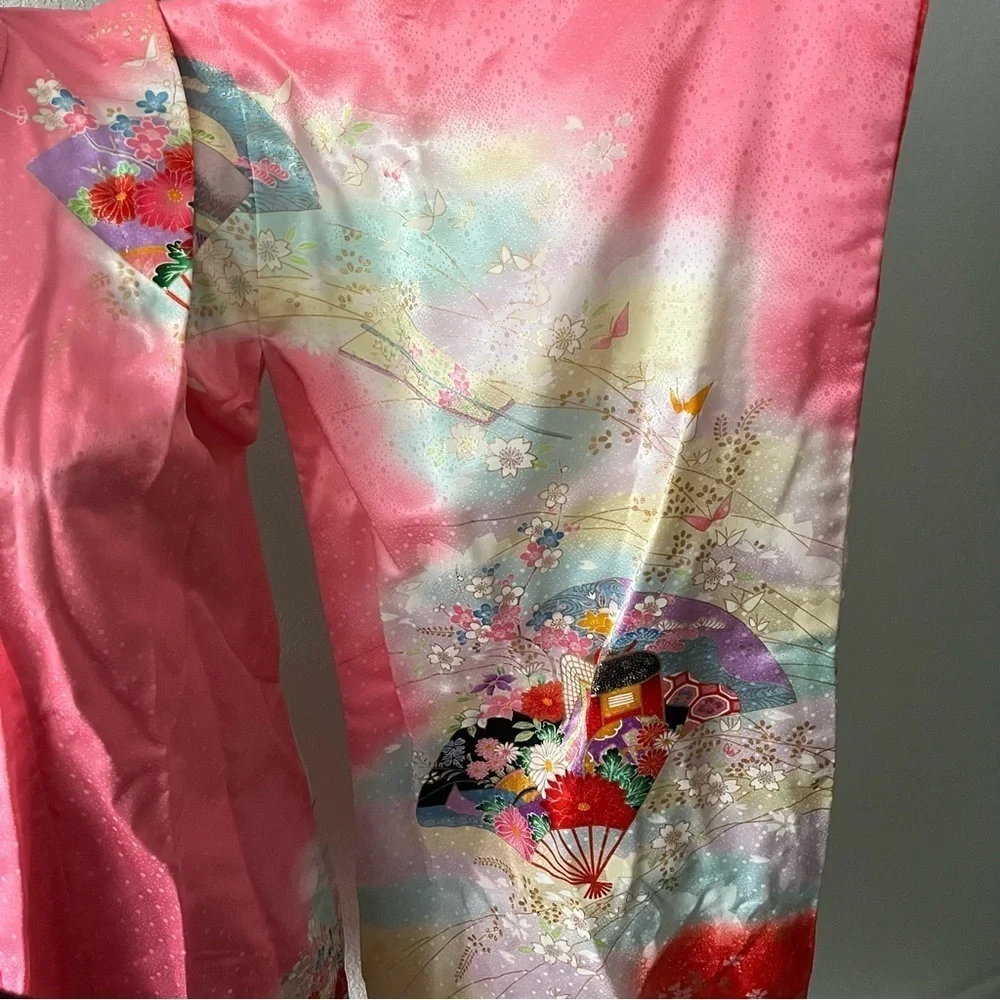 VINTAGE Girl's Pink Kimono Butterflies Flowers Ombre w/ Orange Tie - Picture 11 of 16